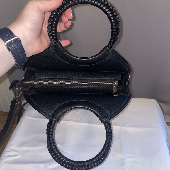 Anthropologie Black Woven Circle Top Handle Bag Handbag Purse Crossbody Strap - Picture 9 of 13